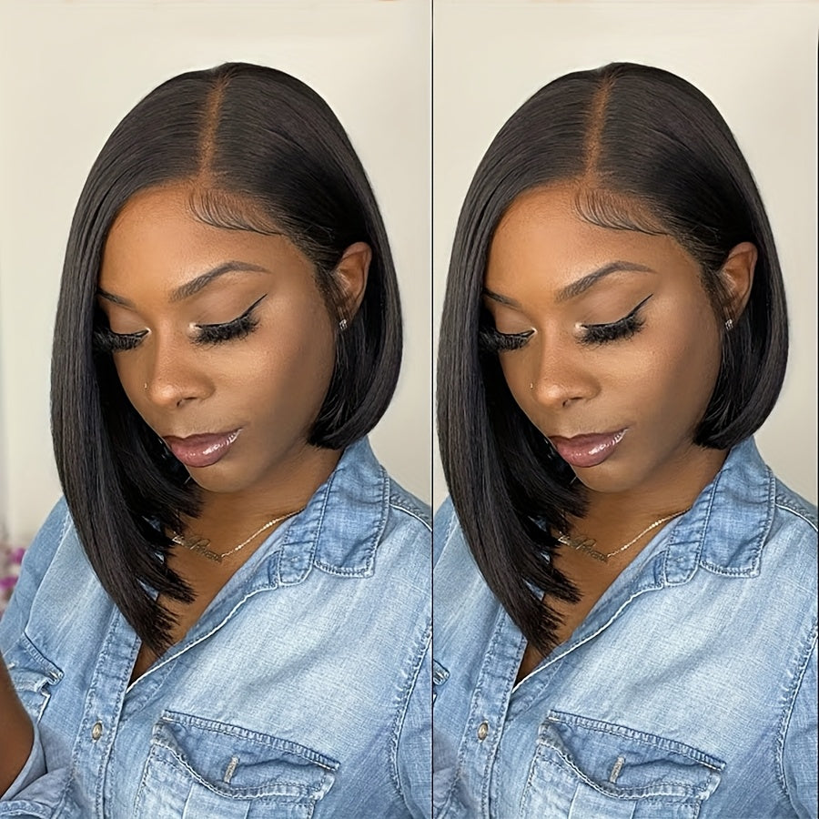 Glueless 13x4 Lace Frontal Wig Brazilian Human Hair Straight Bob Cut 150% Density Preplucked Natural Hairline & Bangs No Maintenance Elegant Wigs for Women All Ethnicities Every Occasion, Hair Wig, Versatile Hairpiece, Sleek